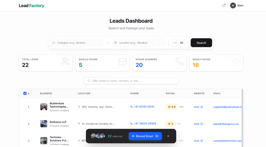 Lead Factory Dashboard Interface